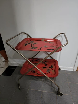 $149 • Buy Serving Cart Two Tier W/ 2 Red Metal Trays Wheels  Mid Century Retro Vintage 