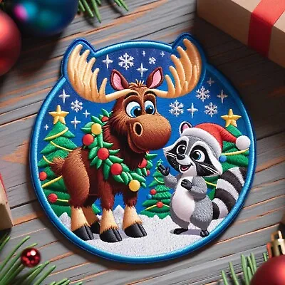 Moose & Raccoon Christmas Patch Iron-on  Applique Wild Animals Badge Craft • $8.99