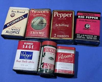 LOT OF 7 VINTAGE ANTIQUE SPICE TINS Watkins Durkee Shilling Kroger Folgers Accen • $15