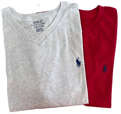 Boys Ex Ralph Lauren T Shirt New V Neck Bonus 2 Pack Beige Red  Large 14 - 16 • £11.99