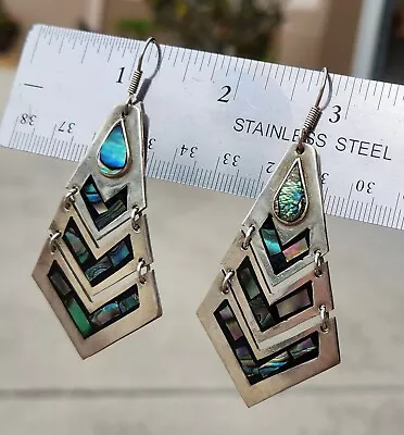 STERLING Silver 3 Tiered MOTHER Of PEARL Drop DANGLE 3  Earrings MEXICO 21.2g • $24.99