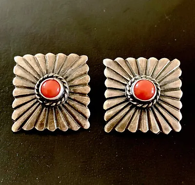 Vtg. Native American Navajo Sterling Red Coral Gem Grade Cabochon Stud Earrings • $50