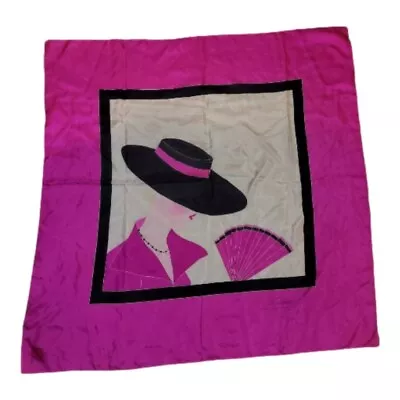 Unique Vintage Silk Scarf Lady In Hat With Fan Signed • $24.99