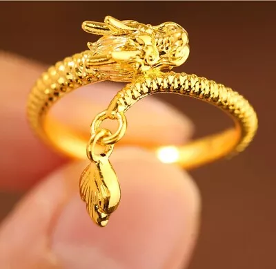 Pure 999 24K Yellow Gold Ring Men Women 3D Lucky Dragon Ring Us Size:4/5/6/7/8/9 • $148