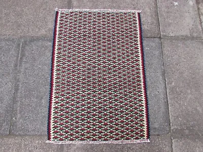 Vintage Fragment Hand Made Traditional Oriental Wool White Blue Kilim 82x57cm • £35