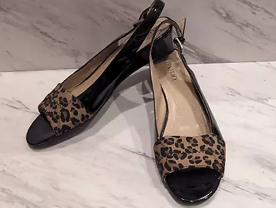 Ellen Tracy Women's Leopard Peep Toe Black Patent Leather Sling Back Shoe 8.5 • $28