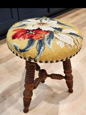 Vtg Round Needlepoint Embroidered Floral Foot Stool Rest Ottoman 15  Oak Base • $65