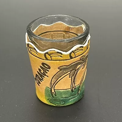 Vintage CURACAO Shot Glass Tooled Leather Dolphins Pontoon Bridge Souvenir READ • $5.95