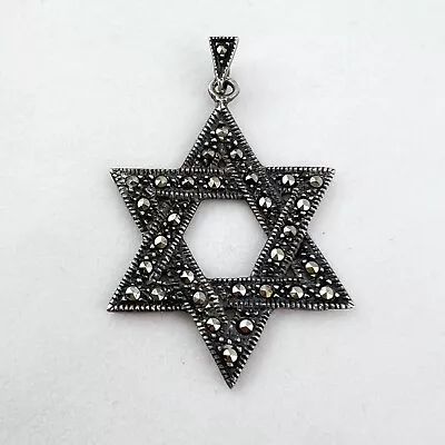 Vintage Sterling Silver Marcasite Star Of David Pendant 1.25” Tall By 1” Wide • $38