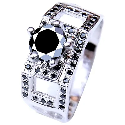 Stunning 2.07 Ct Black Moissanite Diamond Halo 925 Silver Wedding Ring Size 7 • $1.52