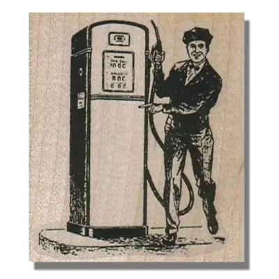 Wood Mounted Rubber Stamp Man With Gas Pump Smile Retro Car Transportation • $10.75