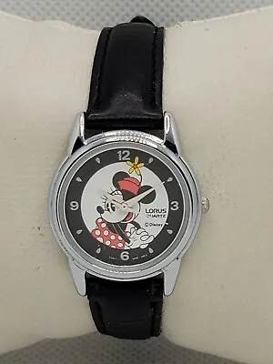 Ladies Disney Lorus Minnie Mouse Silver Tone Case Black Leather Band Watch J4 • $34.99