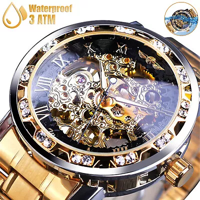 Luxury Men's Watch Stainless Steel Gold Skeleton Automatic Mechanical Wristwatch • $21.98