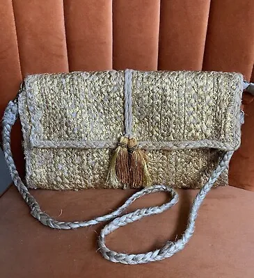 Large Gold Jute &Natural Envelope Tassel Clutch Bag ( With Shoulder Strap) • £22