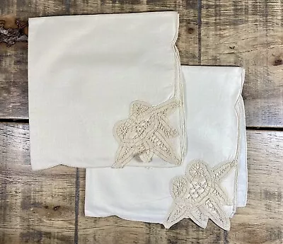 Set Of 2 Vintage Battenburg Lace Damask Linen Beige Napkins Finished Edge 16  Sq • $8.50