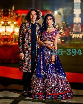 $66.18 • Buy Blue Real Mirror Work Lengha Silk Navratri Puja Lehenga Choli Skirt Sari Saree 