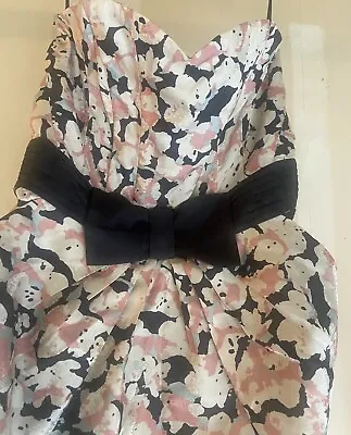 H&M Black Peach Blue Floral Strapless Bow Waist Dress W/ Pockets Size 8 S/M • $9.99