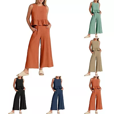 Women's Summer 2 Piece Outfits Sleeveless Ruffle Tank Crop Top & Wide Leg Pants • $22.13