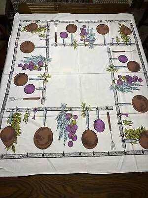 Vintage 1950s TABLECLOTH Printed Hanging Pots Pans Etc Purple Lt Blue 45 X 52. • $36