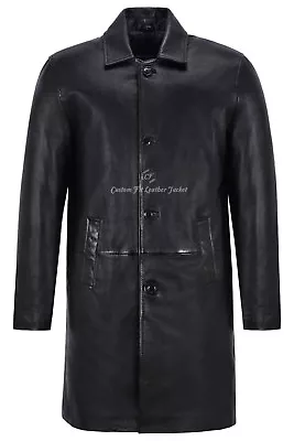 Men's Knee Length Leather Coat Black Classic 3/4 Trench Real Lambskin Coat 1476 • £160