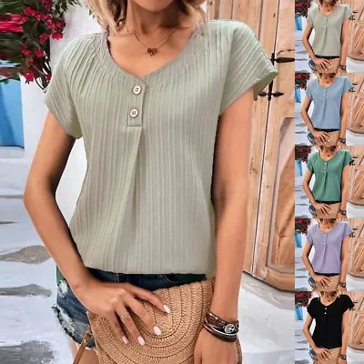 $8.99 • Buy Women's Summer Button V Neck T Shirt Ladies Casual Short Sleeve Tunic Blouse Top