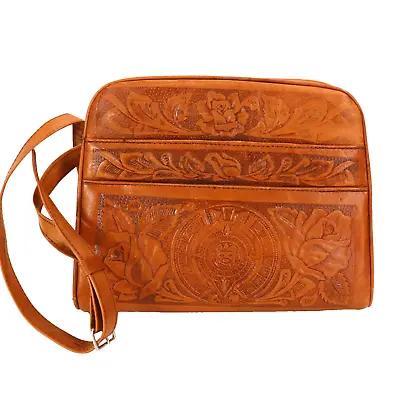 Vtg Handtooled Handbag M Brown Floral Lined Purse Shoulder Camera Bag • $28.95