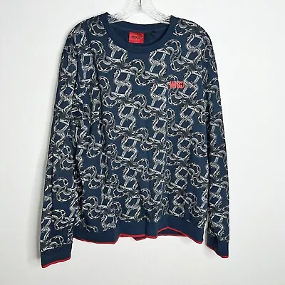 Hugo Boss Men XL Snake Print Blue Gray Sweater Crew Neck Logo Sweatshirt H • $49.99