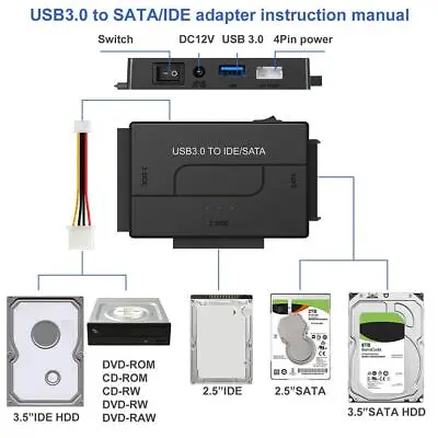 SATA To USB 3.0 2.5 /3.5 IDE Hard Drive Disk Converter External HDD/SSD  • £14.17