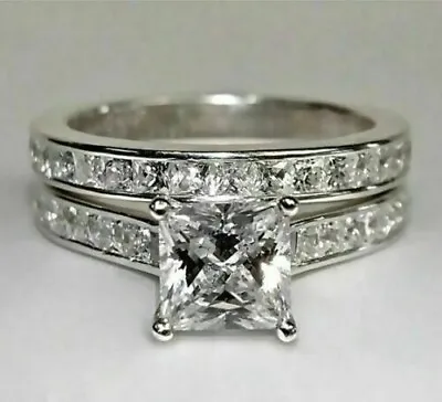 14K White Gold Over Princess Created Engagement Wedding Band Bridal Ring Set NEW • $89