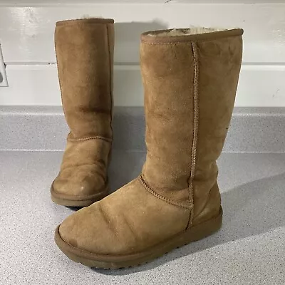 Ugg Classic Womens Sz 6 Tall Boots Chestnut Winter Suede Leather Snow Boots 5815 • $28.05