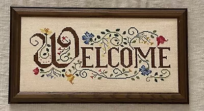 16  Vintage Needlepoint Cross Stitch Floral Welcome Sign Framed Cloth 16x9  • $22.99