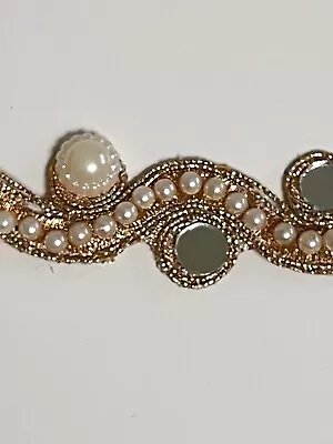 INDIAN GOLD ZARI  WAVY MIRRORS PEARLS CRYSTALS ROSEGOLD THREAD LACE/TRIM-1 Metre • £4.50