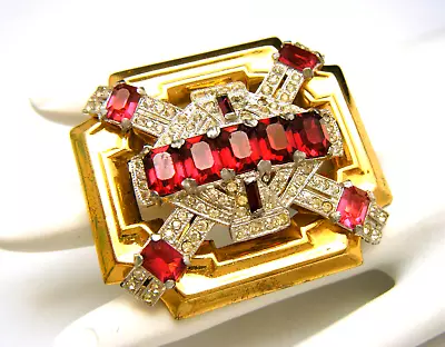 Vintage McClellan BARCLAY Brooch Ruby Red Clear Rhinestones Gold Tone • $299.99