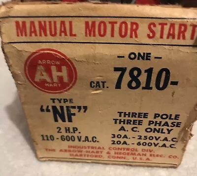 Arrow-Hart  Manual Motor Starter #7810 20A/600V 30A/250V /2hp/3ph/NOS • $76