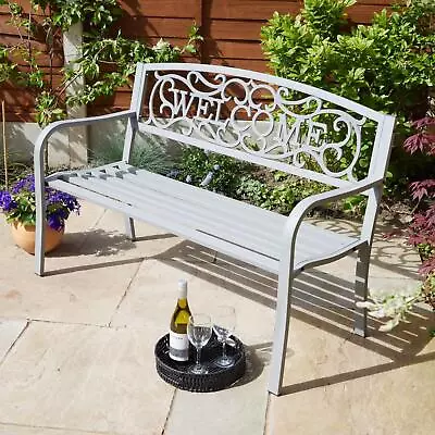 Grey Garden Bench Metal 2 Seater Patio Chair Outdoor Furniture Welcome Design • £69.99