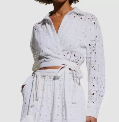 $425 Miguelina Women's White Savannah Eyelet Wrap Crop Top Blouse Size S • $135.98