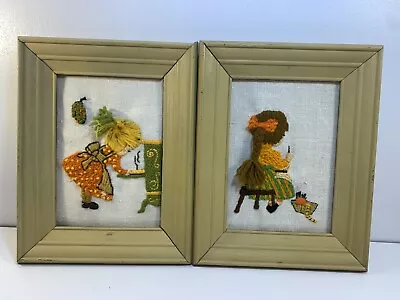 Vintage Embroidered Art Picture Of Girls Working - Lot Of (2) Wood Framed • $9.74