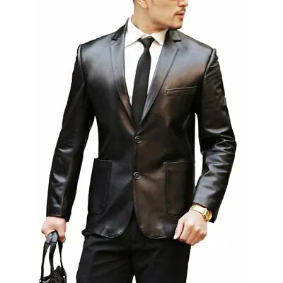 Genuine Lambskin Leather Men's Blazer Black Front Pocket Two Buttoned Lapel • $117.77