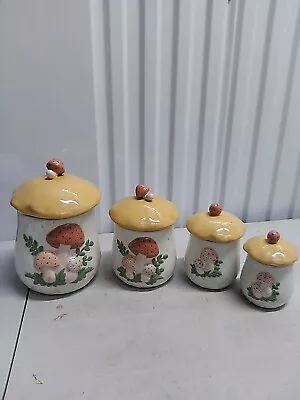 Vtg Denises Handmade Mushroom Canister Set Ceramic Retro 1970s Kitchen Set Of 4 • $63.99