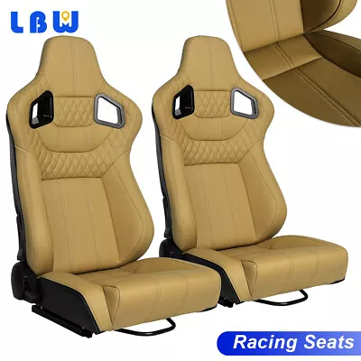 Full Wrapped Beige Faux Leather Racing Seats Adjustable Recline & Dual Sliders • $398.33