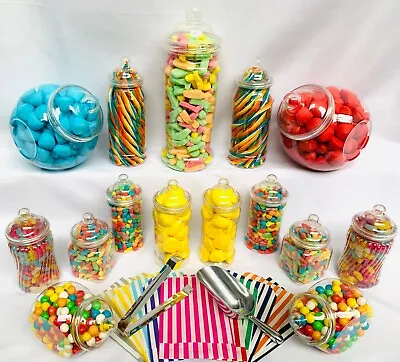 15 Plastic Sweet Jars 1 Tong 1 Scoop 100 Bags For Truly Sweet Candy Buffet • £21.99