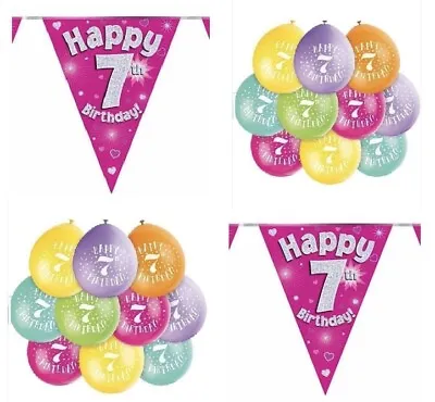 7th Birthday Girls Balloons And 7th Party Bunting Banner Party Decorations Pack • £6.99