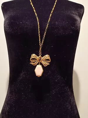 J Crew Pink Locket Rhinestone Bow Long Gold Tone Necklace • $25.80