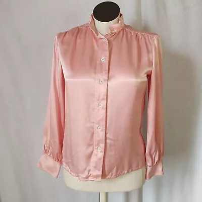 Vtg 80s90s Jerry Feder-Francine Satin Blouse Pink Shiny Top Size 12 High Collar • $17.95