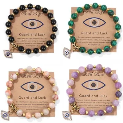 Natural Stone Hamsa Evil Eye Yoga Energy Beaded Bracelet Adjustable Jewelry Gift • $3.50