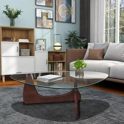 Noguchi-Style Glass Triangle Coffee Table With Wood Stand Dark Brown • $289