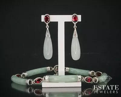 Sterling Oriental Natural Green Jade & Garnet Earrings Bracelet Set 17.7g I15439 • $79