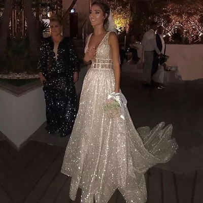 Sleeveless Glitter  Deep V Neck A Line Backless Train Bridal Gown Wedding Dress • $329.99