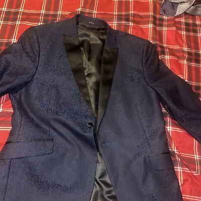 JF J.Ferrar Mens Blue Black Stretch Fabric Slim Fit Tuxedo Jacket ($190) 42-44 L • $120