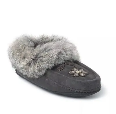 Manitobah Mukluks Womens Size 5 Gray Metis Moccasin Suede Rabbit Fur Slip On • $113.95